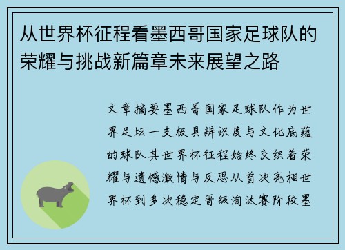 从世界杯征程看墨西哥国家足球队的荣耀与挑战新篇章未来展望之路