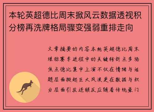 本轮英超德比周末掀风云数据透视积分榜再洗牌格局骤变强弱重排走向