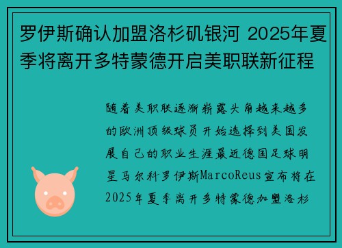 罗伊斯确认加盟洛杉矶银河 2025年夏季将离开多特蒙德开启美职联新征程 罗伊斯确认加盟洛杉矶银河 2025年夏季将离开多特蒙德开启美职联新征程